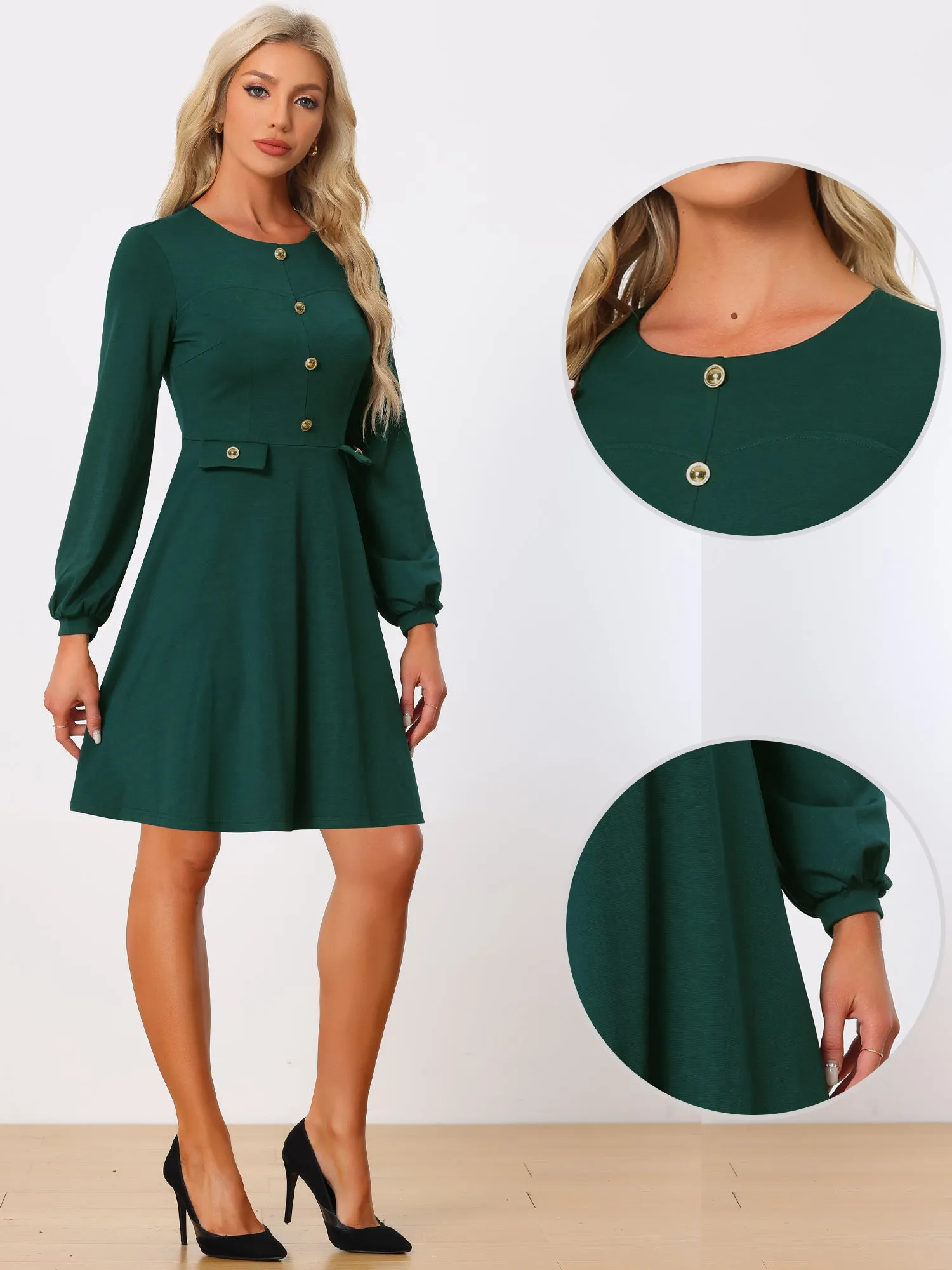 Crew Neck Office Contrast Button Decor Long Sleeve Dress