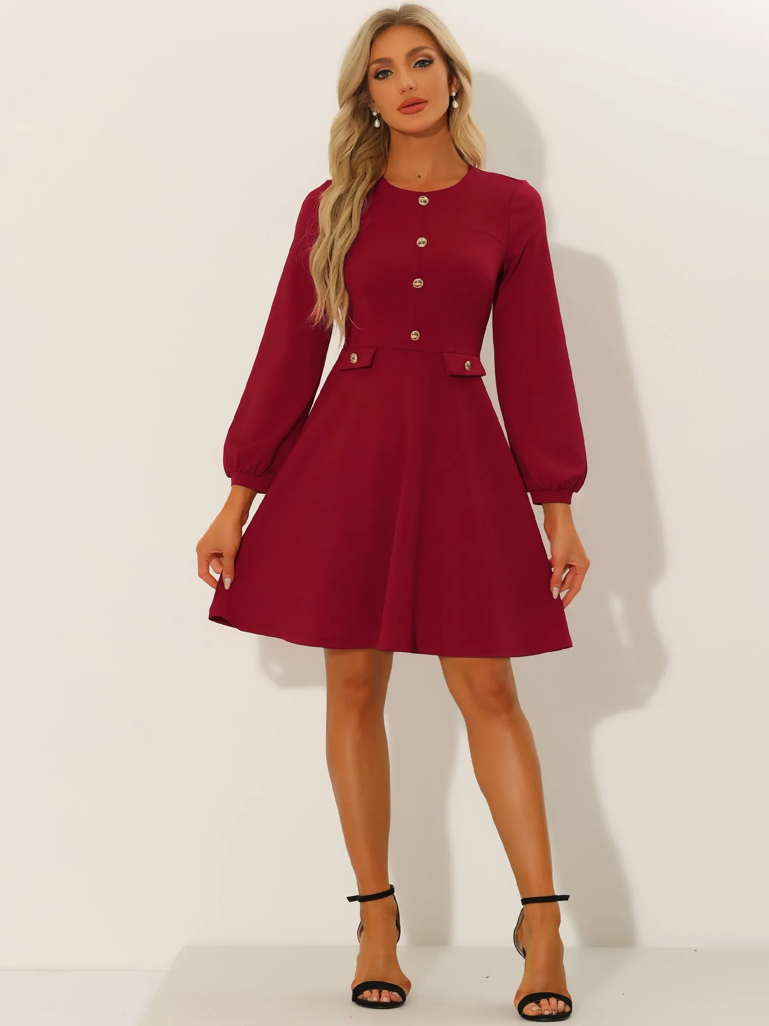 Crew Neck Office Contrast Button Decor Long Sleeve Dress