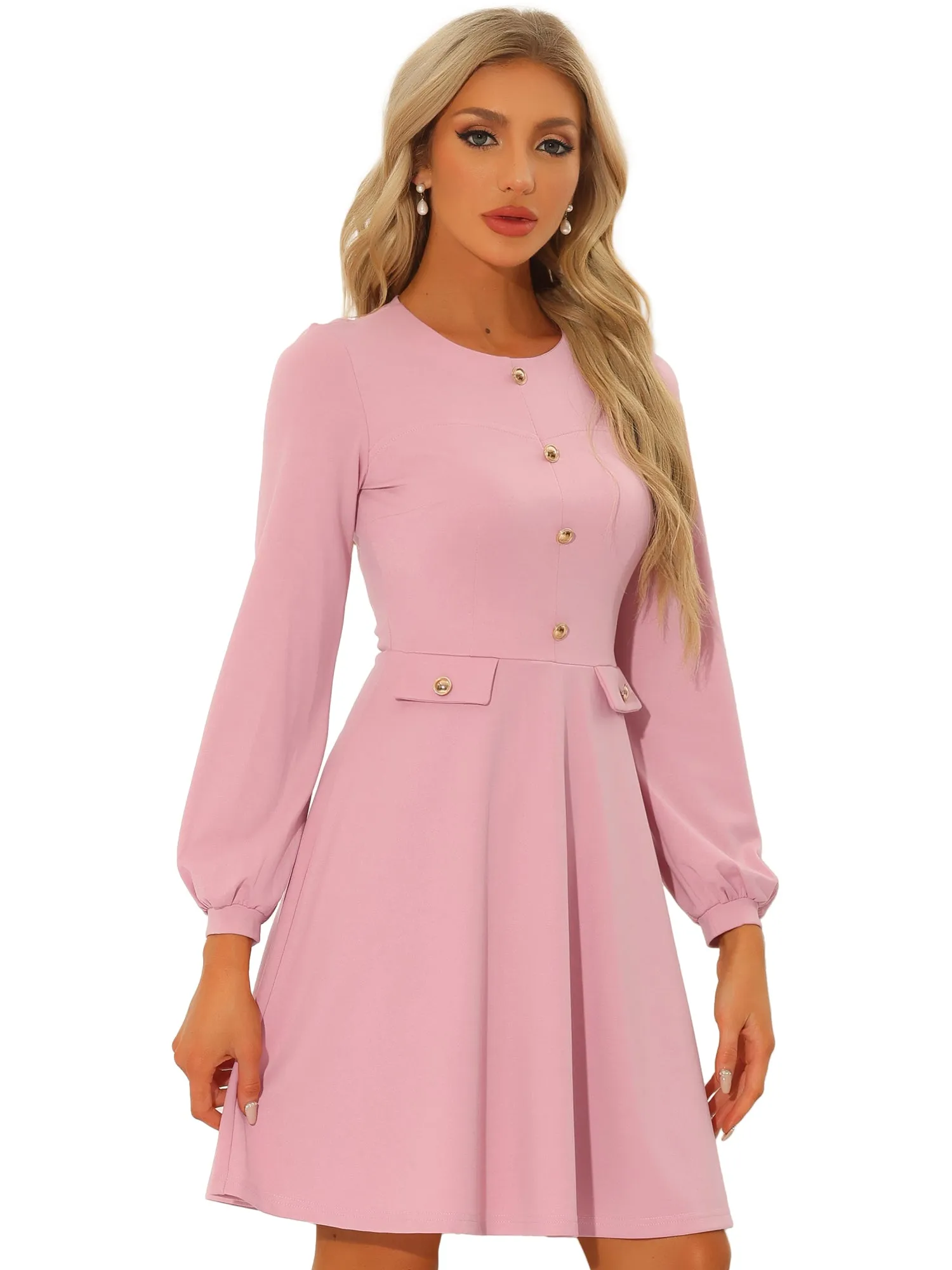 Crew Neck Office Contrast Button Decor Long Sleeve Dress