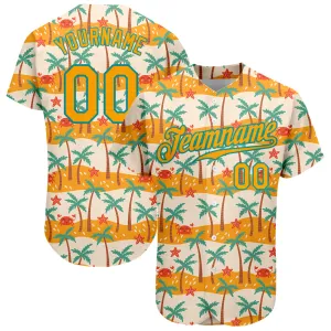 Custom White Gold-Teal 3D Pattern Design Hawaii Palm Trees Authentic Baseball Jersey