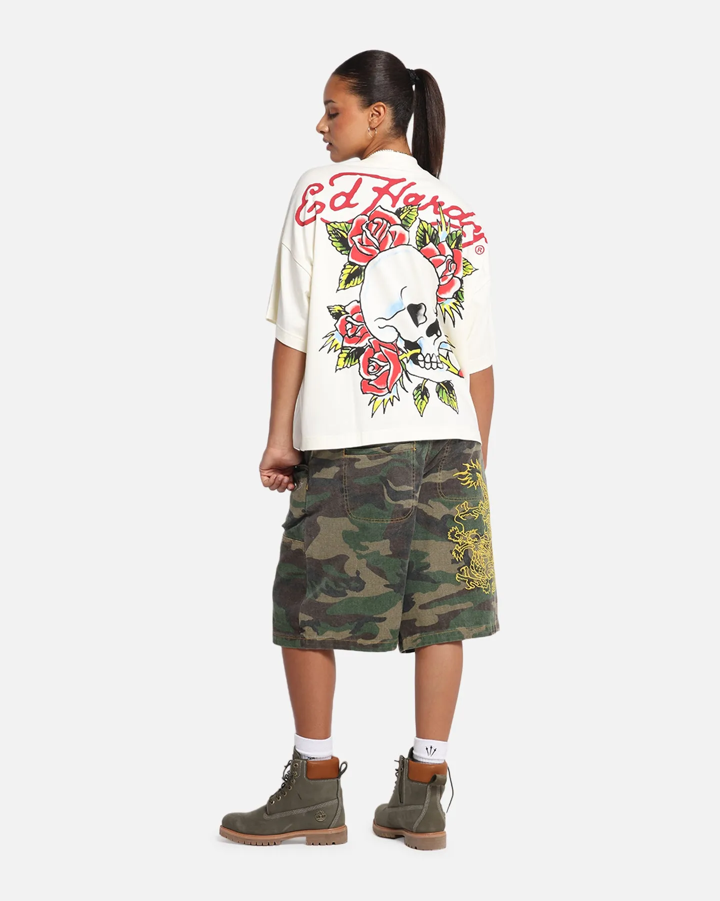 Ed Hardy Rose Skull Oversized Print T-Shirt Off White