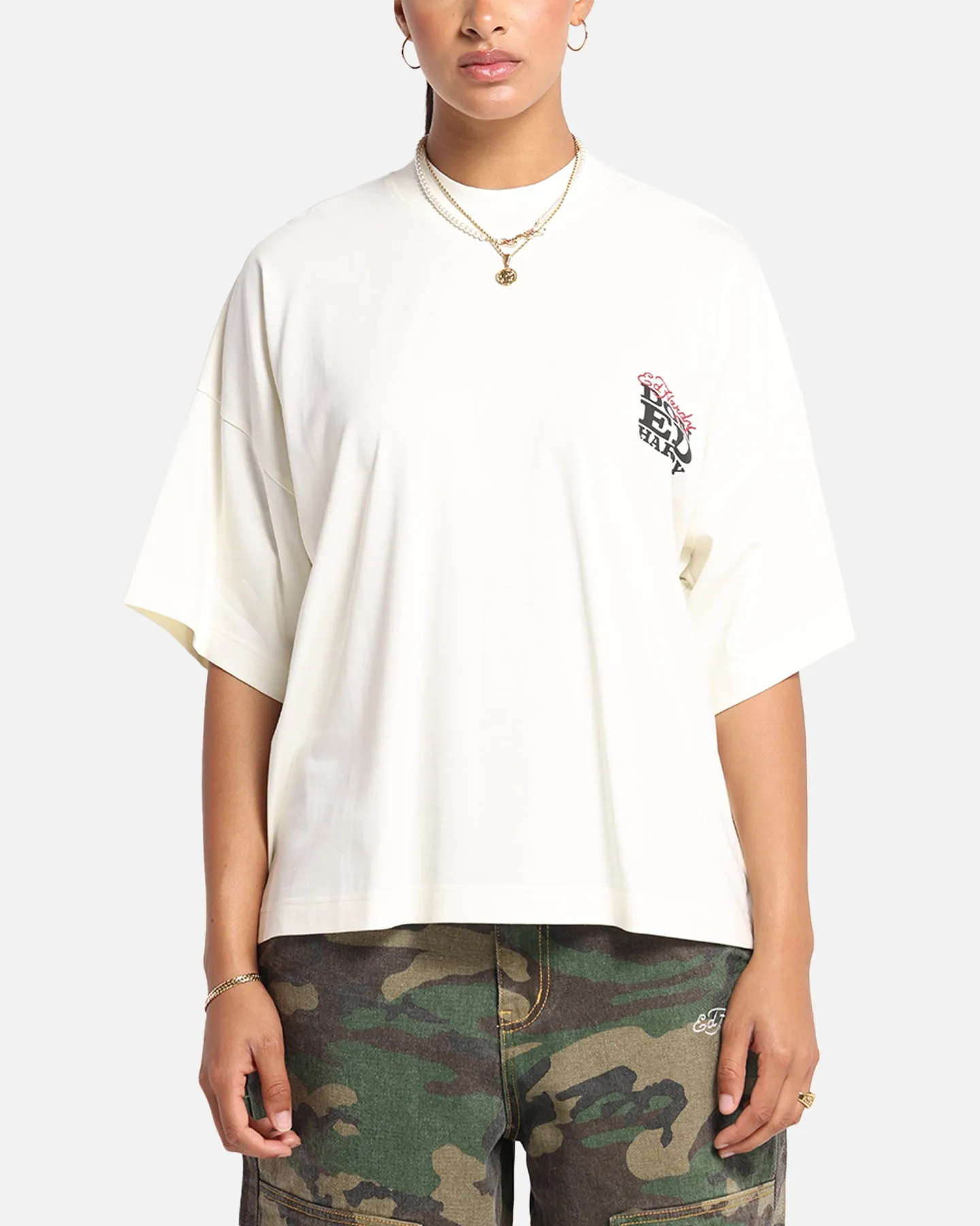 Ed Hardy Rose Skull Oversized Print T-Shirt Off White