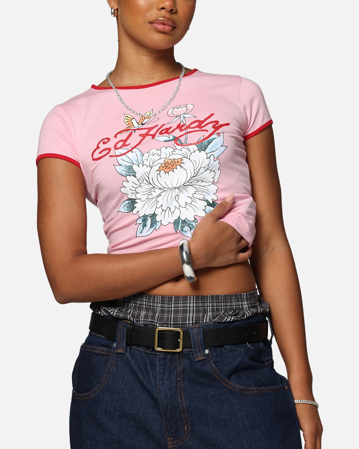 Ed Hardy Women's Blooming Baby Ringer T-Shirt Pink/Red
