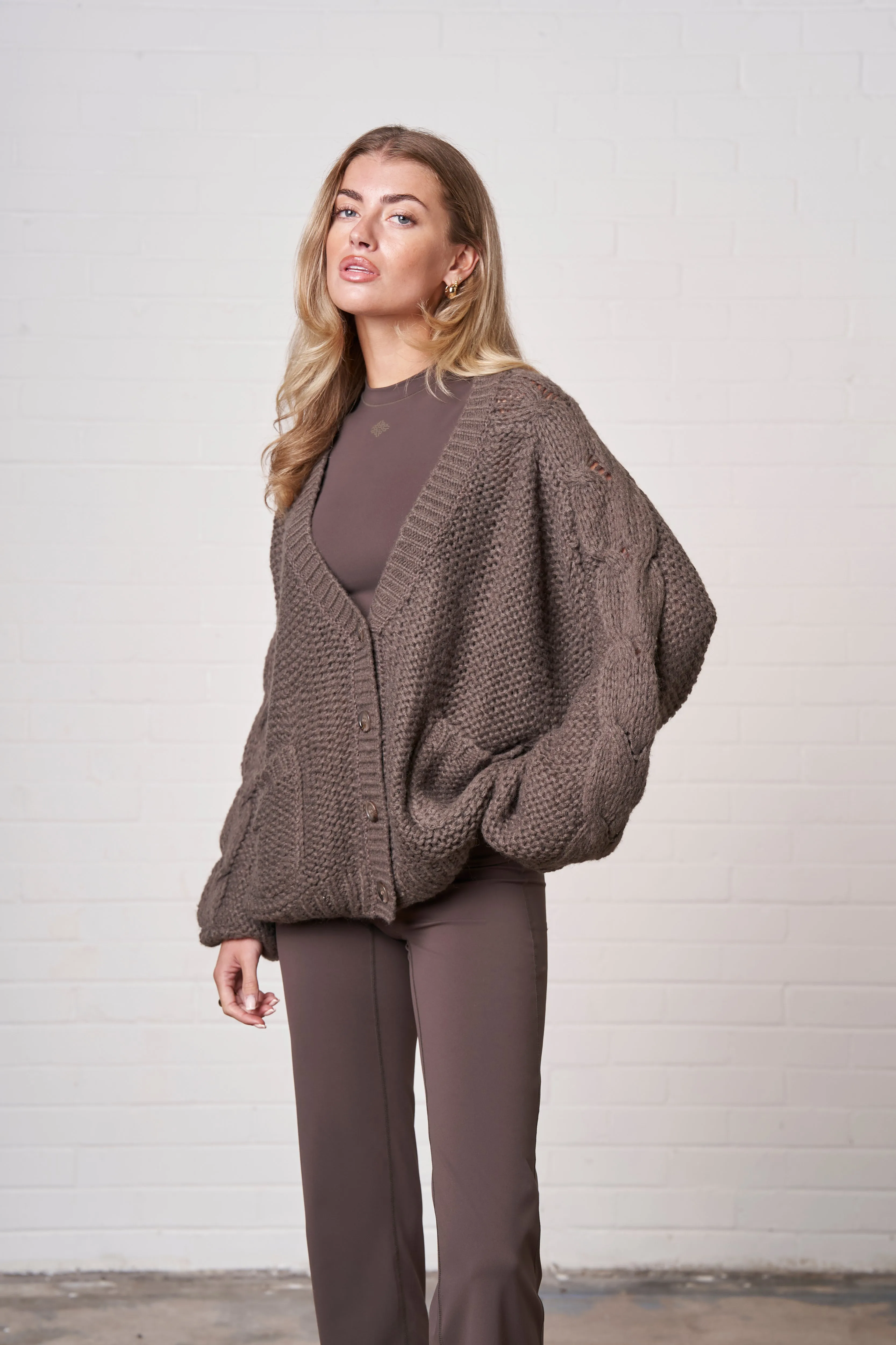 EMBLEM OVERSIZED KNIT CARDIGAN - COCOA