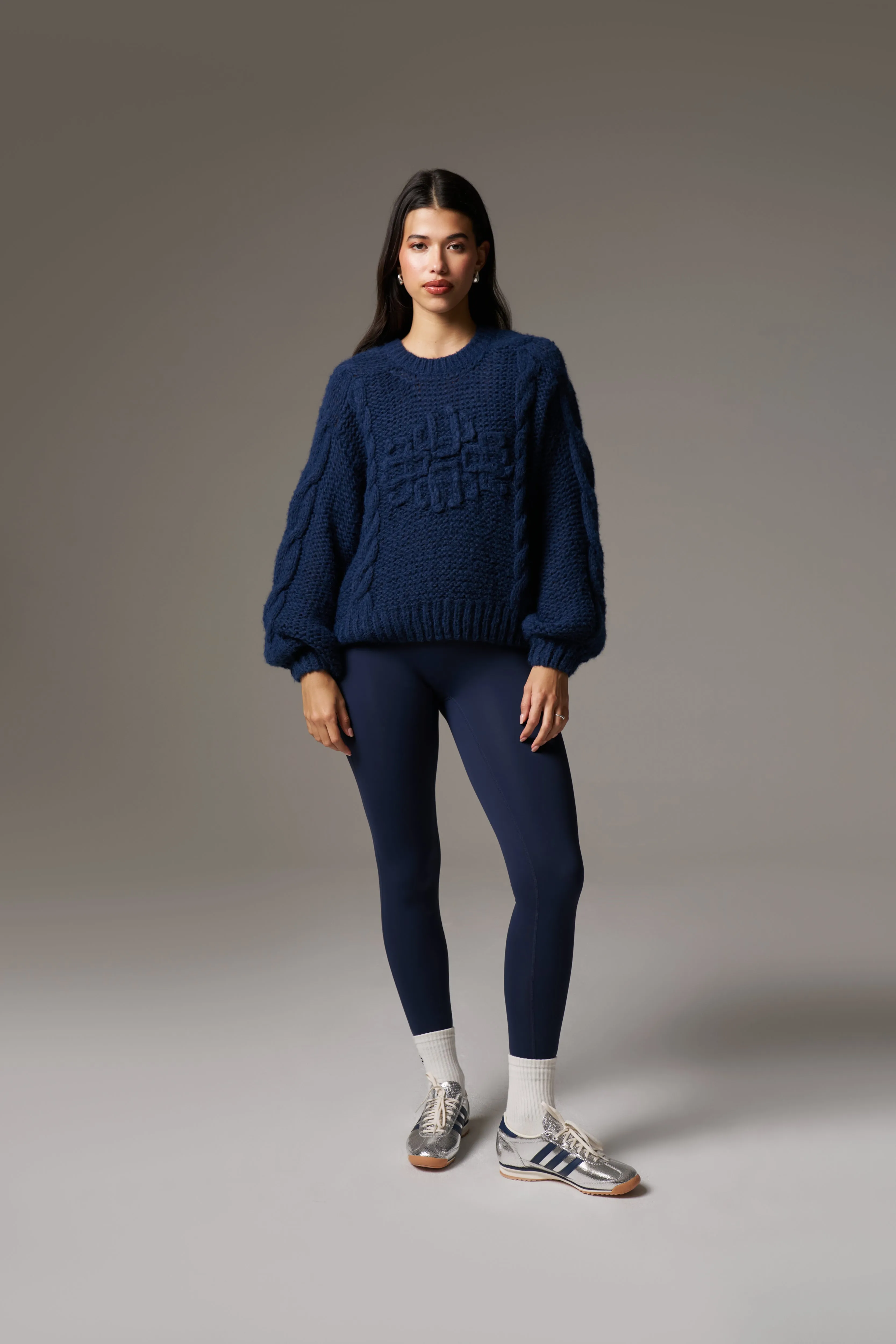 EMBLEM PLAITED OVERSIZED KNIT JUMPER - NAVY