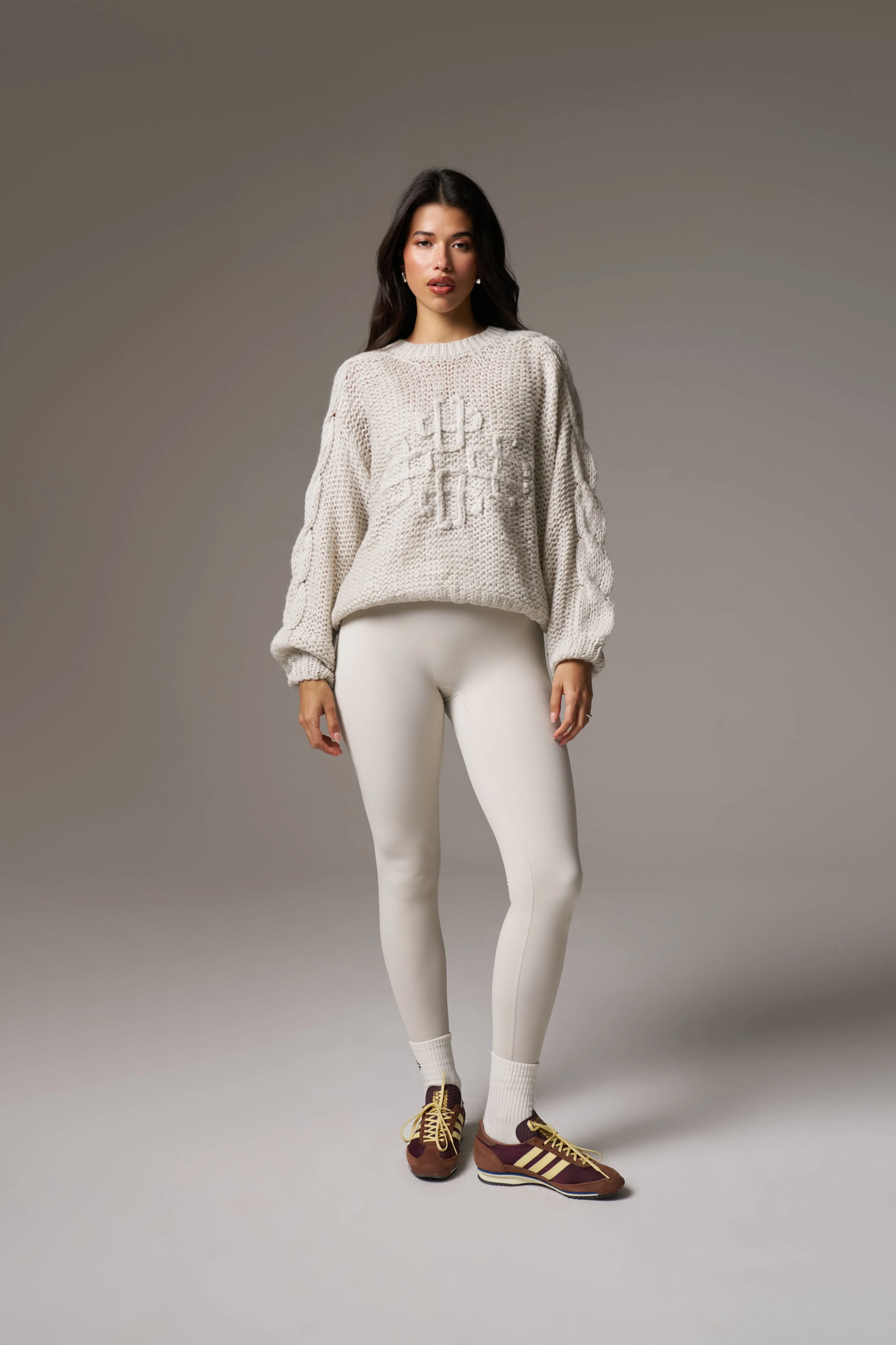 EMBLEM PLAITED OVERSIZED KNIT JUMPER - STONE
