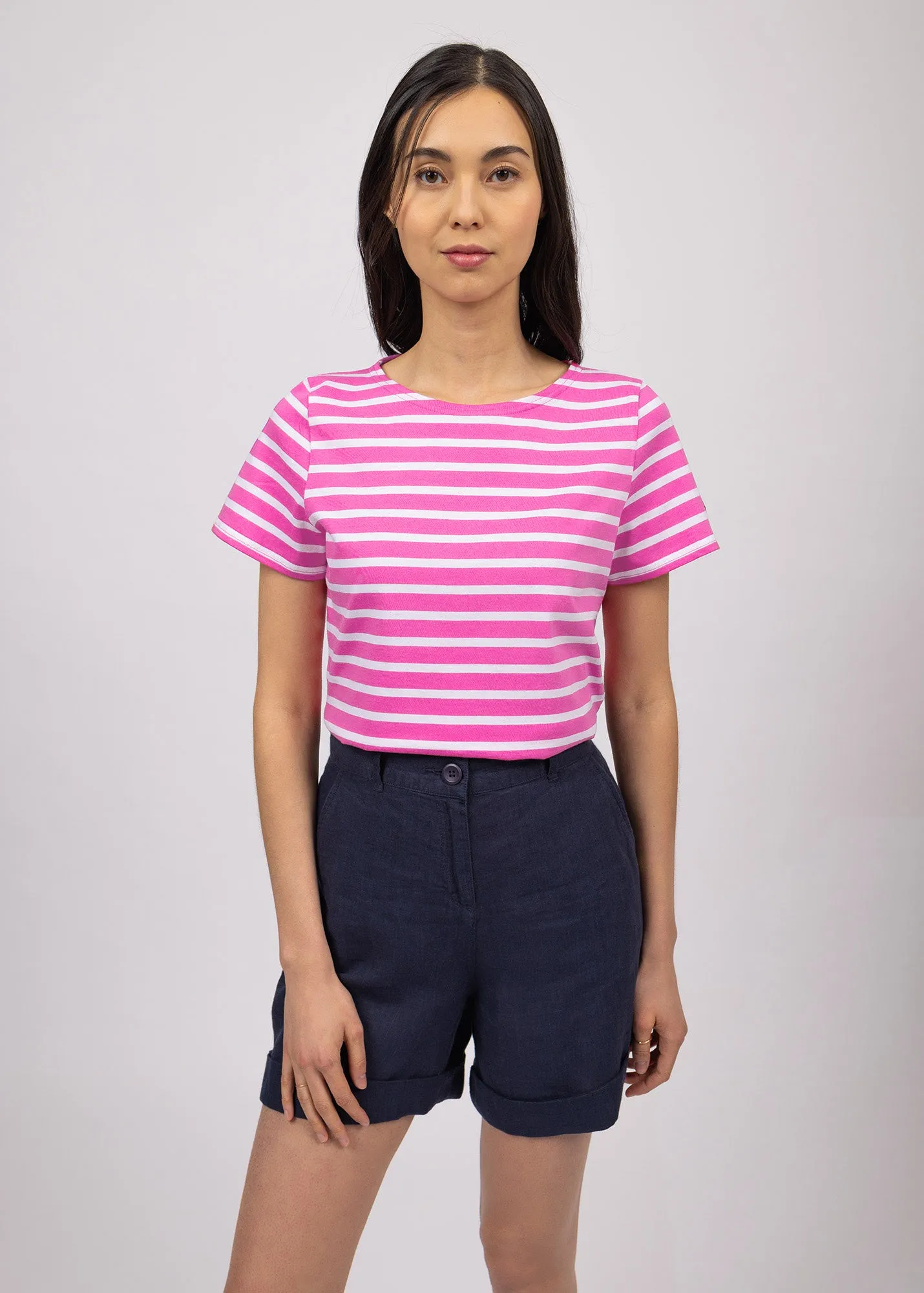 ETRILLE - Nautical Stripe Tee with Short Sleeves | Soft Cotton | Women Fit (HOT PINK / WHITE)