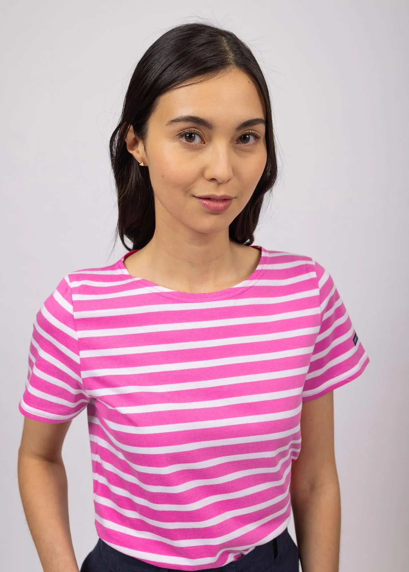 ETRILLE - Nautical Stripe Tee with Short Sleeves | Soft Cotton | Women Fit (HOT PINK / WHITE)