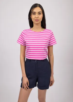 ETRILLE - Nautical Stripe Tee with Short Sleeves | Soft Cotton | Women Fit (HOT PINK / WHITE)