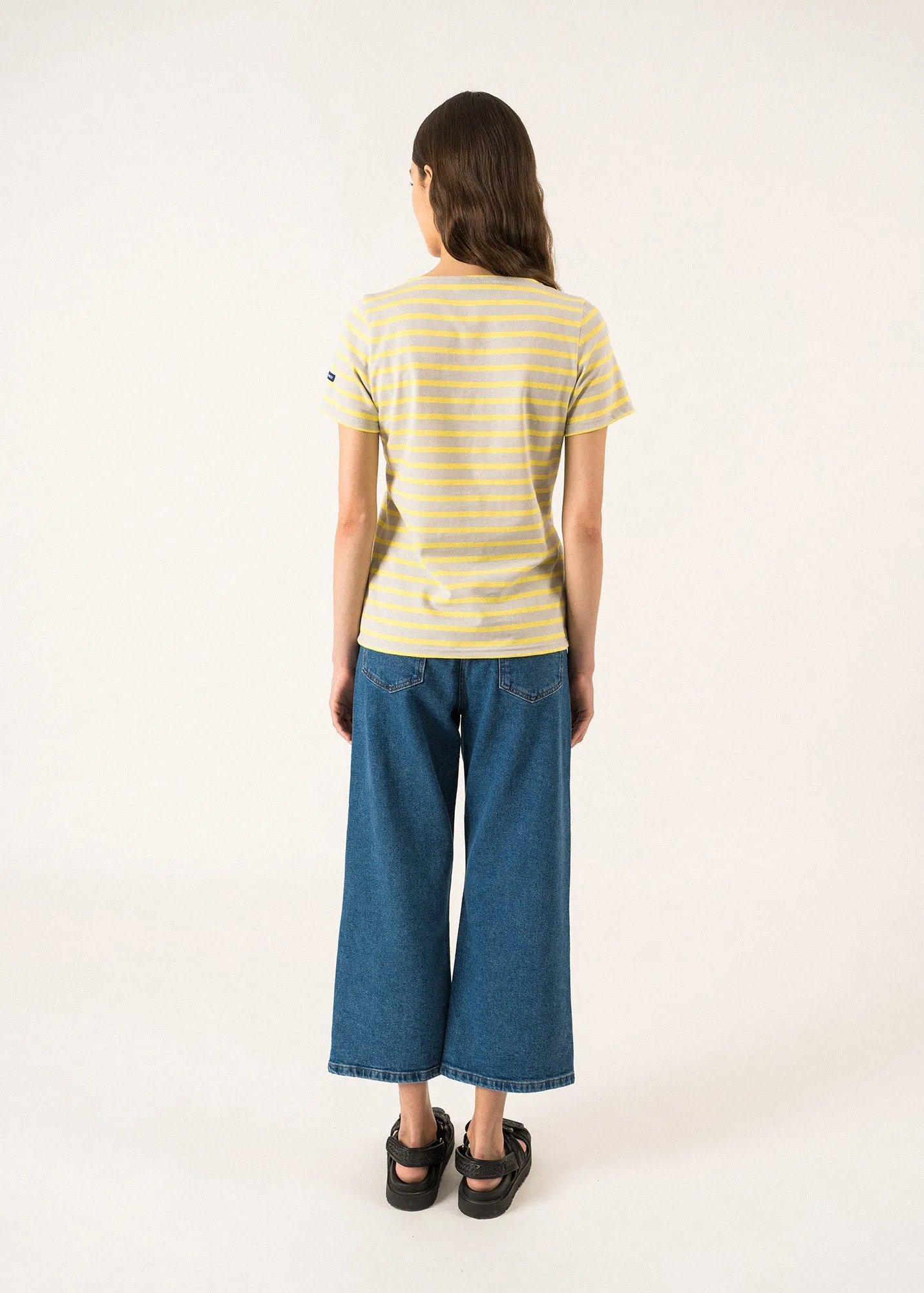 ETRILLE - Nautical Stripe Tee with Short Sleeves | Soft Cotton | Women Fit (LIGHT GRAY / YELLOW)