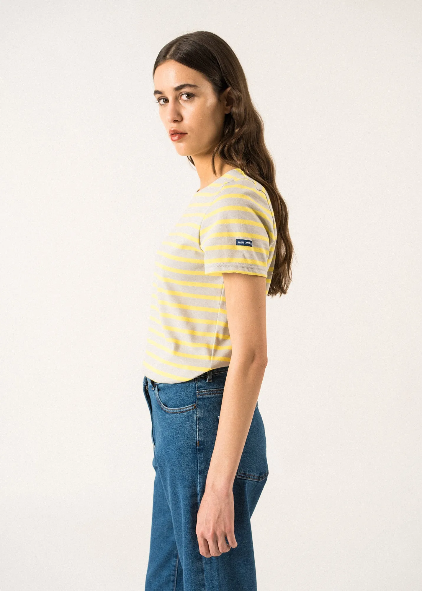 ETRILLE - Nautical Stripe Tee with Short Sleeves | Soft Cotton | Women Fit (LIGHT GRAY / YELLOW)