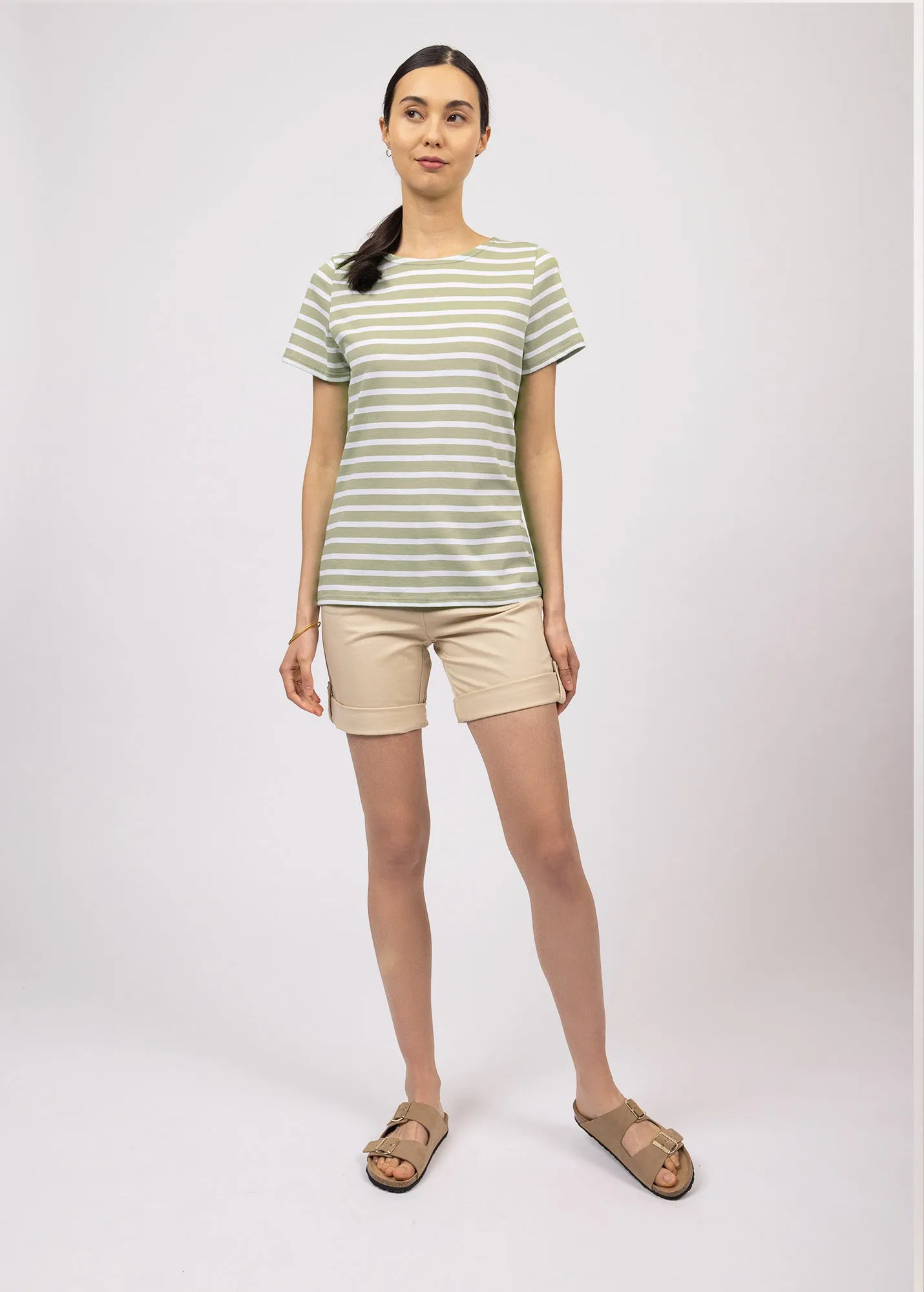 ETRILLE - Nautical Stripe Tee with Short Sleeves | Soft Cotton | Women Fit (SOFT ALMOND / WHITE)