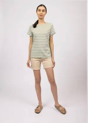 ETRILLE - Nautical Stripe Tee with Short Sleeves | Soft Cotton | Women Fit (SOFT ALMOND / WHITE)