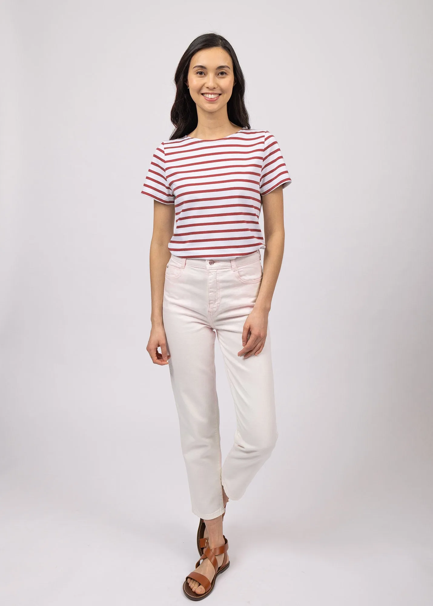 ETRILLE - Nautical Stripe Tee with Short Sleeves | Soft Cotton | Women Fit (WHITE / TERRACOTTA)