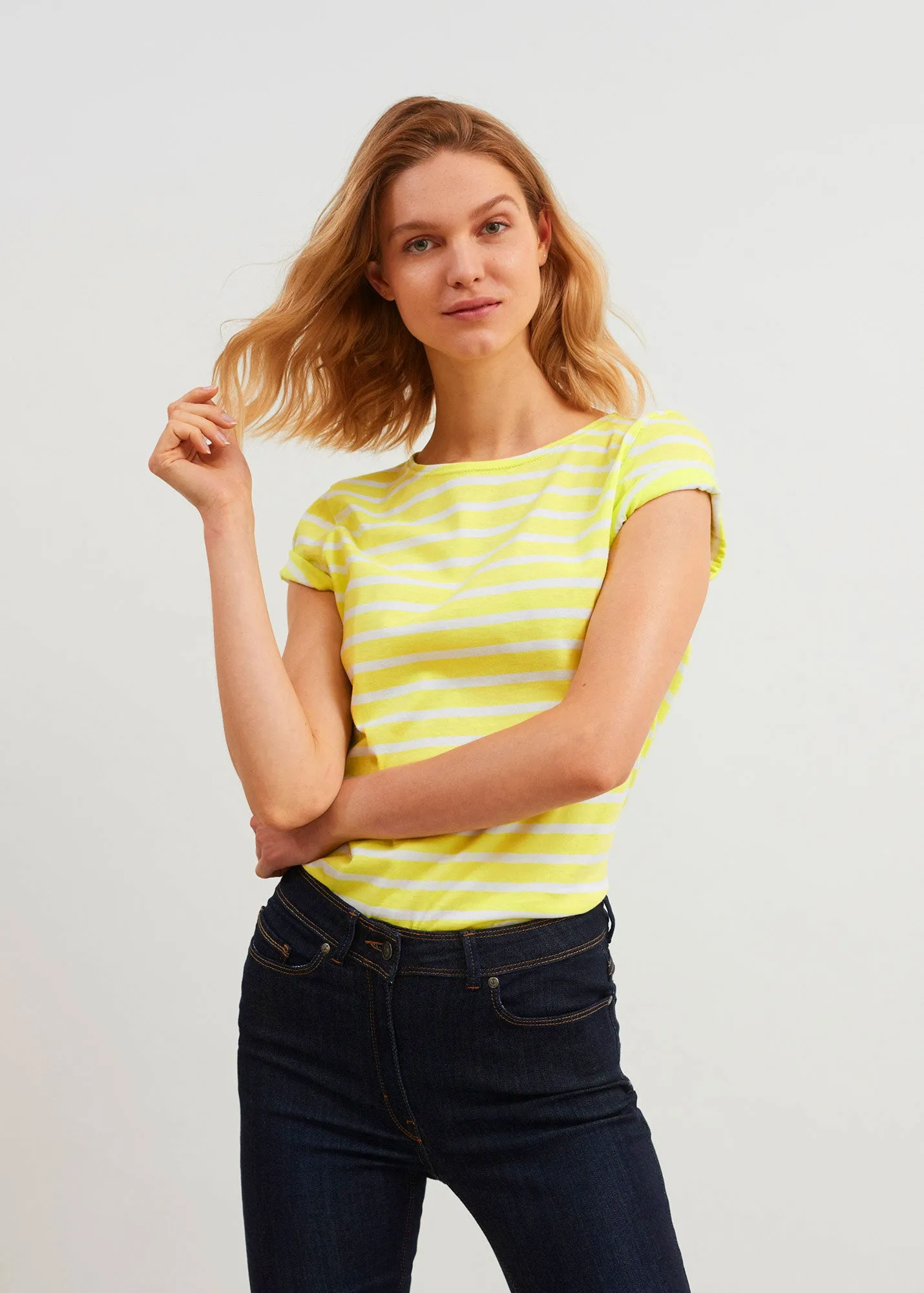 ETRILLE - Nautical Stripe Tee with Short Sleeves | Soft Cotton | Women Fit (YELLOW / WHITE)