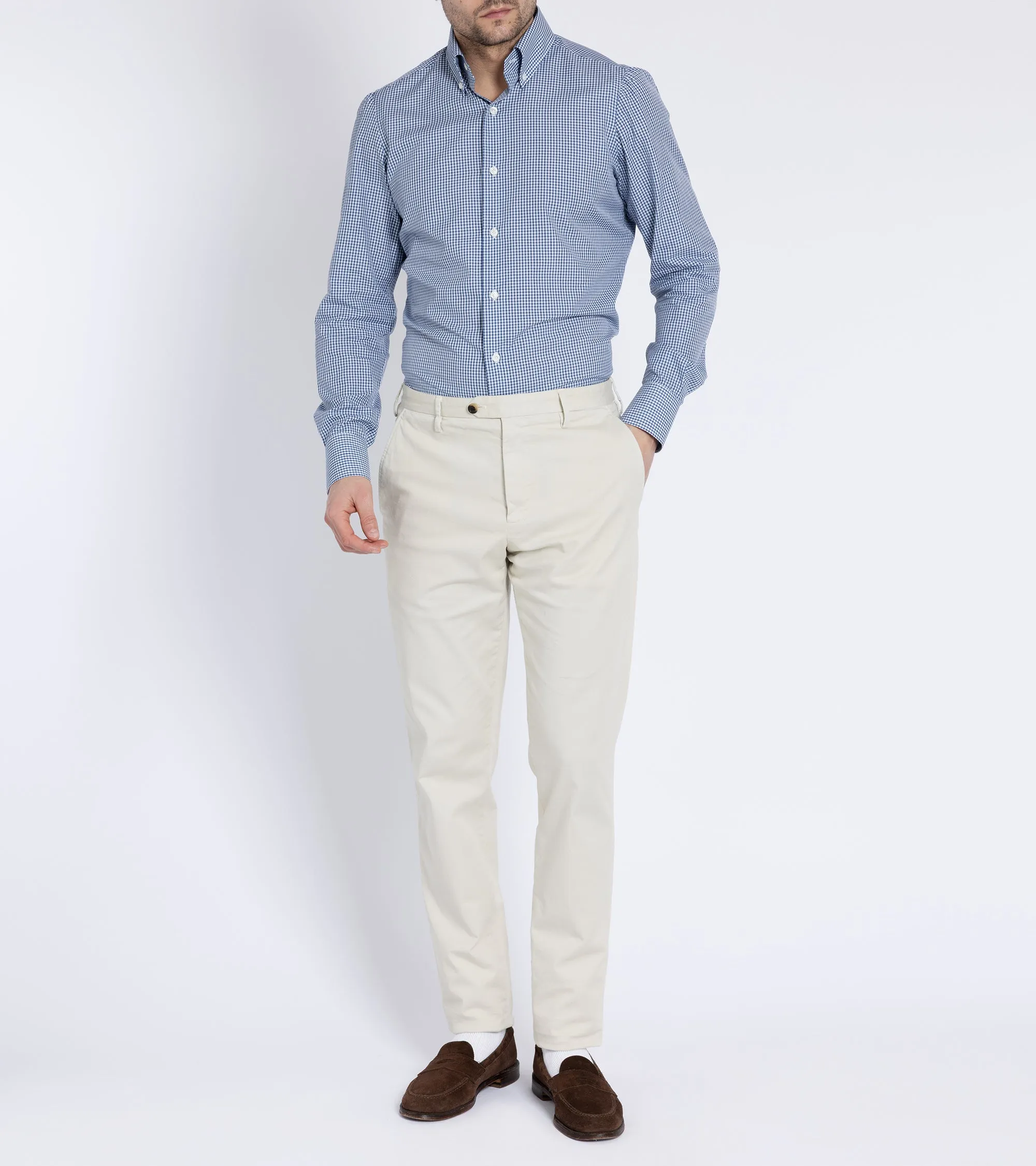 Finamore Napoli Carlo Riva Cotton Silk Check Leonardo Button Down Shirt: Blue