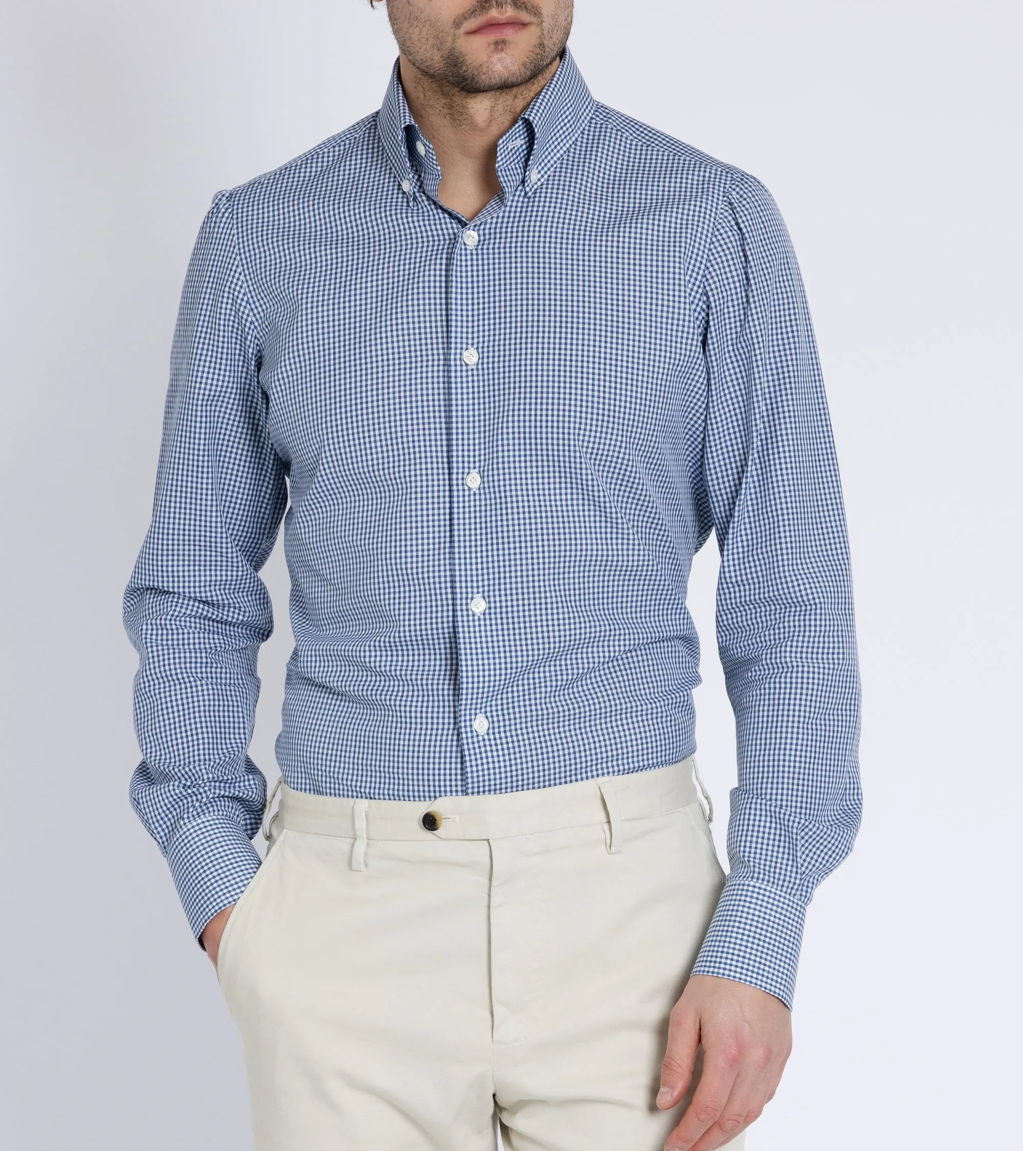 Finamore Napoli Carlo Riva Cotton Silk Check Leonardo Button Down Shirt: Blue