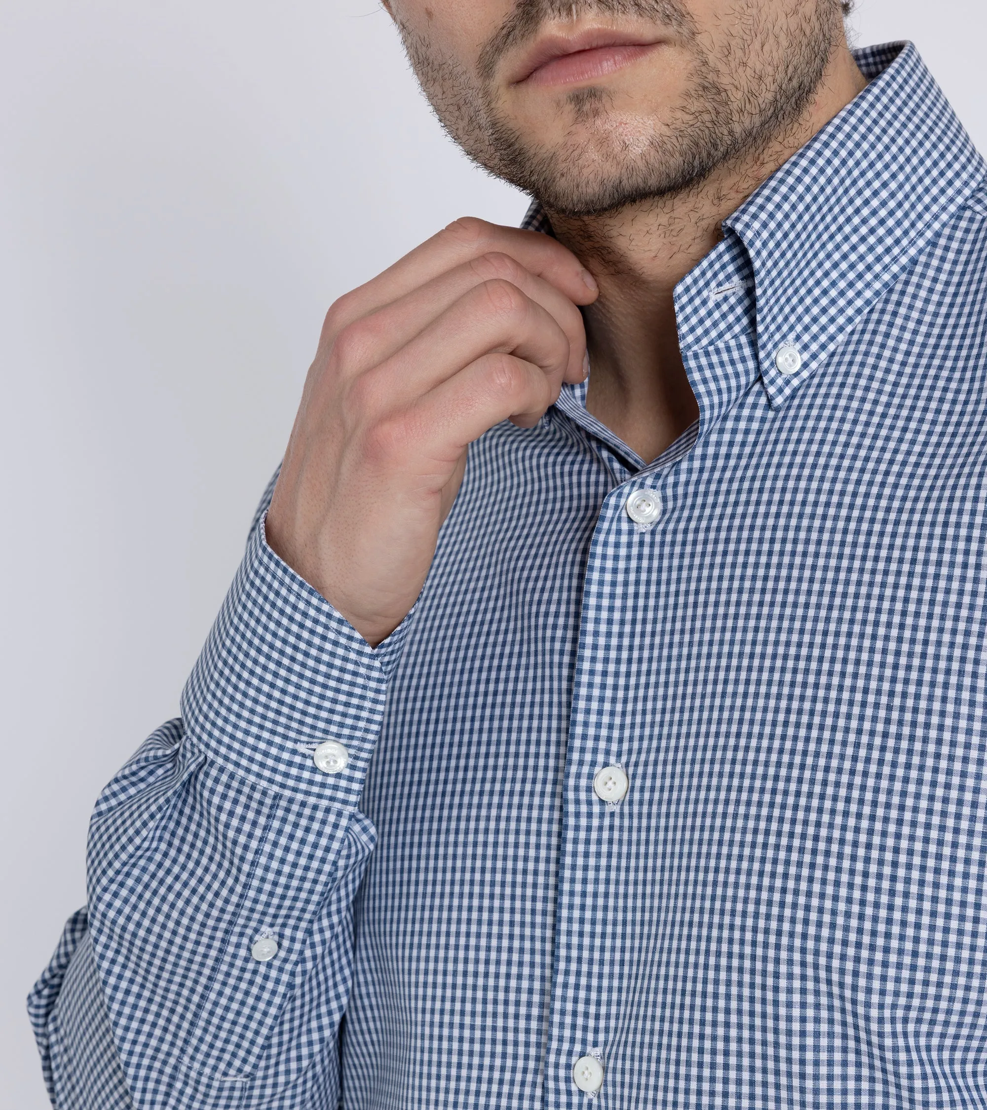 Finamore Napoli Carlo Riva Cotton Silk Check Leonardo Button Down Shirt: Blue