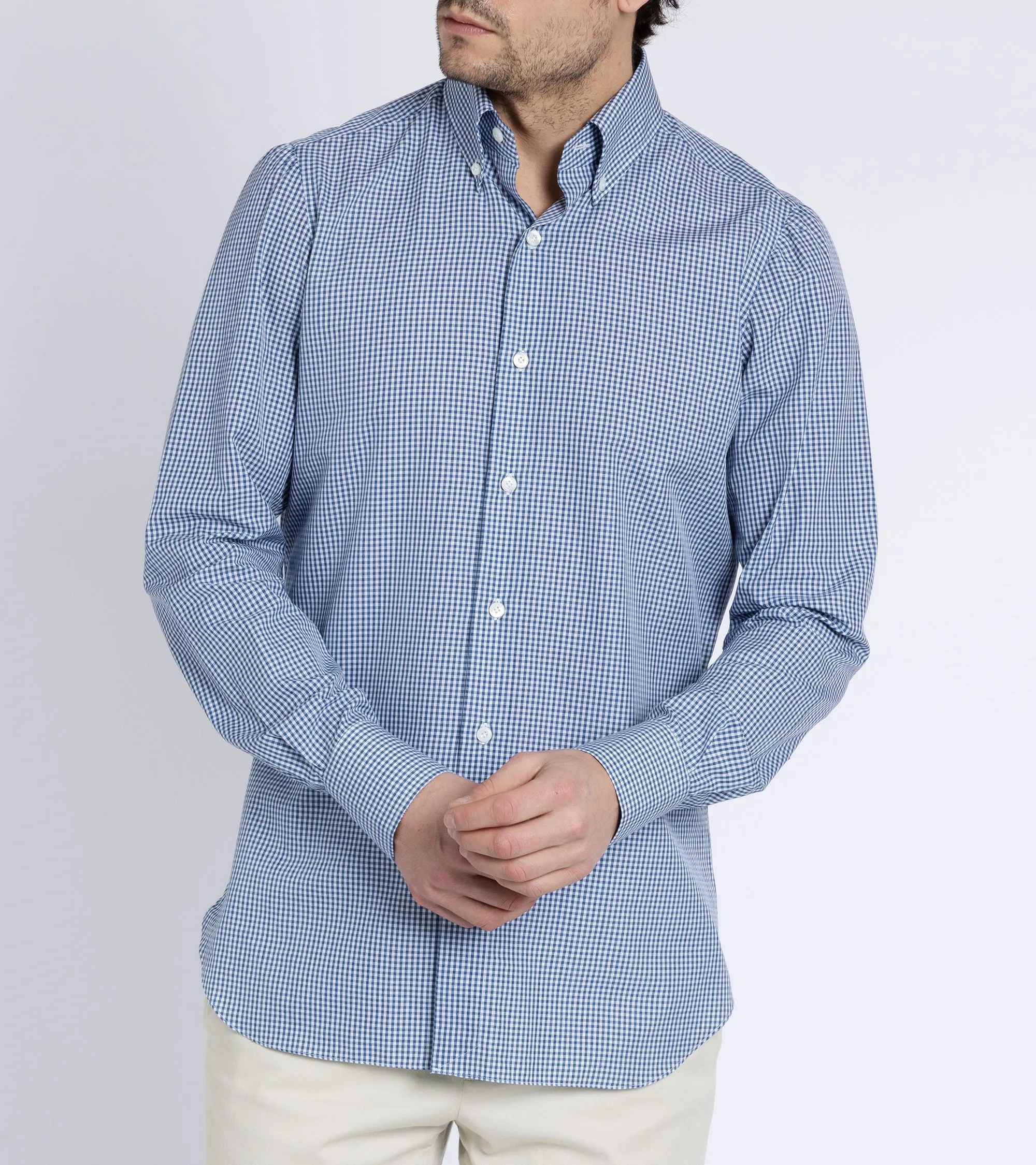 Finamore Napoli Carlo Riva Cotton Silk Check Leonardo Button Down Shirt: Blue