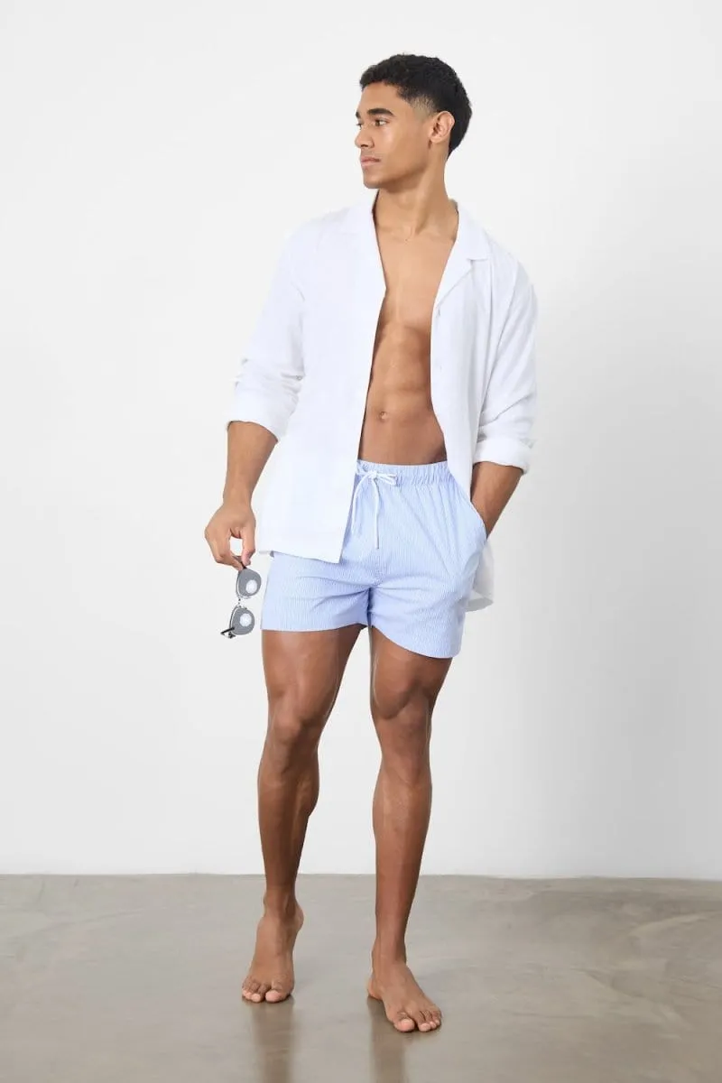 Fine Stripe Swim Short in Pale Blue/White