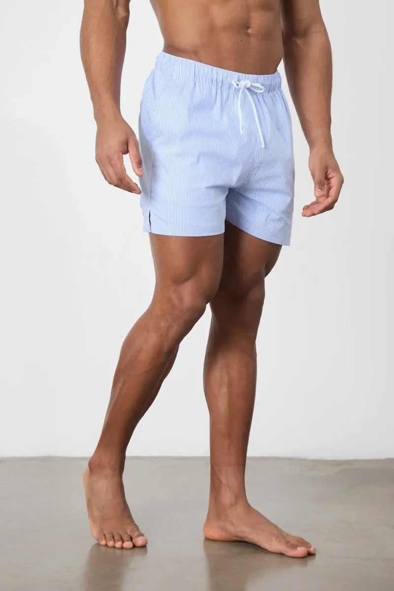 Fine Stripe Swim Short in Pale Blue/White