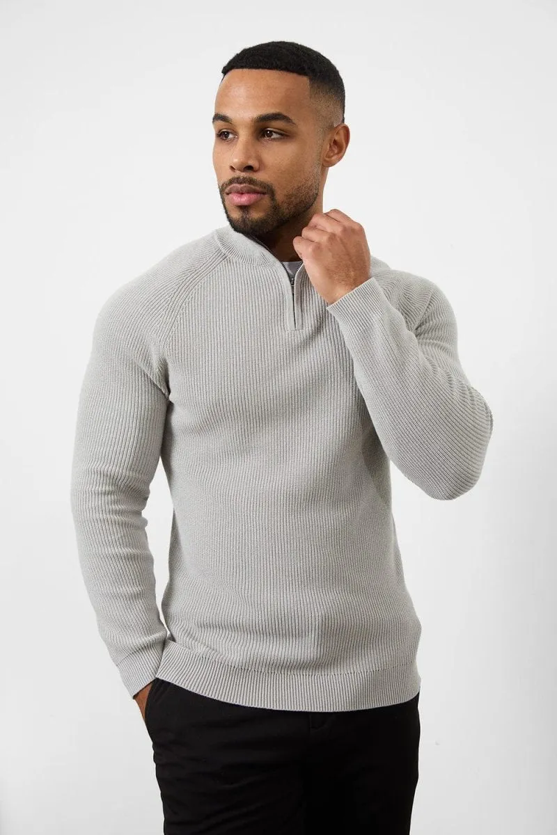 Fisherman Textured Half Zip Neck in Soft Grey