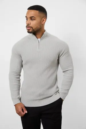 Fisherman Textured Half Zip Neck in Soft Grey