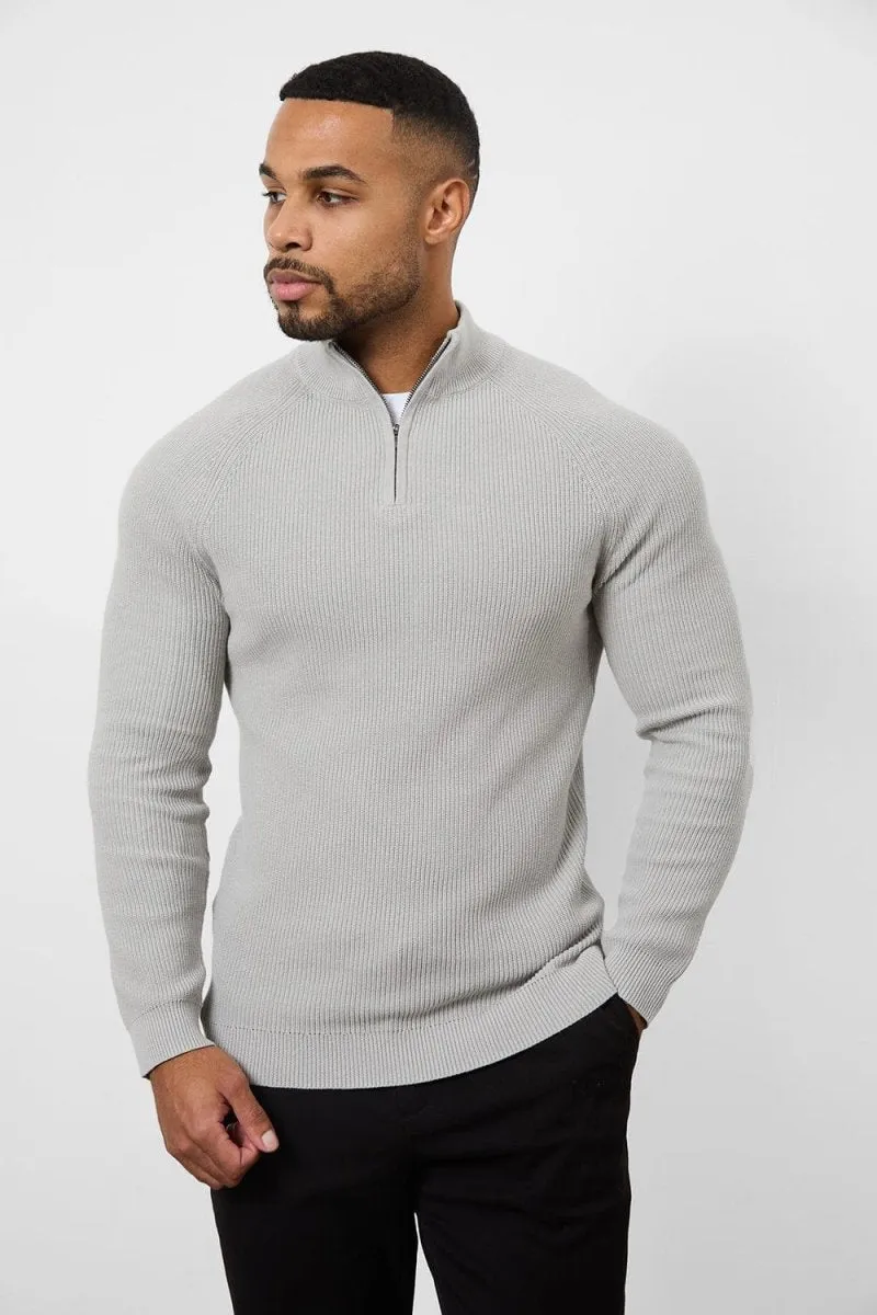 Fisherman Textured Half Zip Neck in Soft Grey