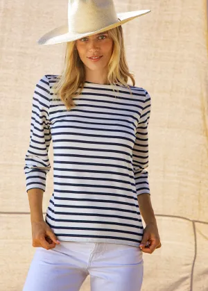 GALATHEE II - Breton Striped Top with ¾ Sleeve | Soft Cotton | Women Fit (ECRU / NAVY)