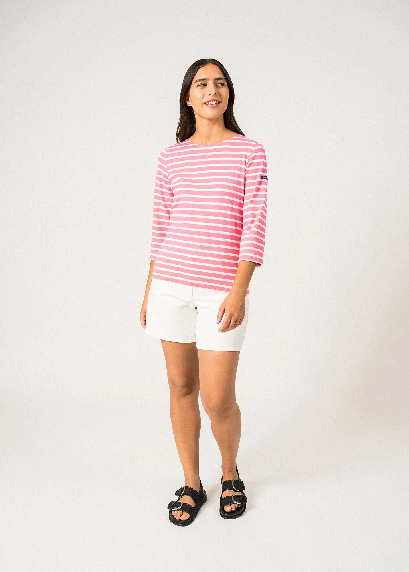 GALATHEE II - Breton Striped Top with ¾ Sleeve | Soft Cotton | Women Fit (HOT PINK / WHITE)