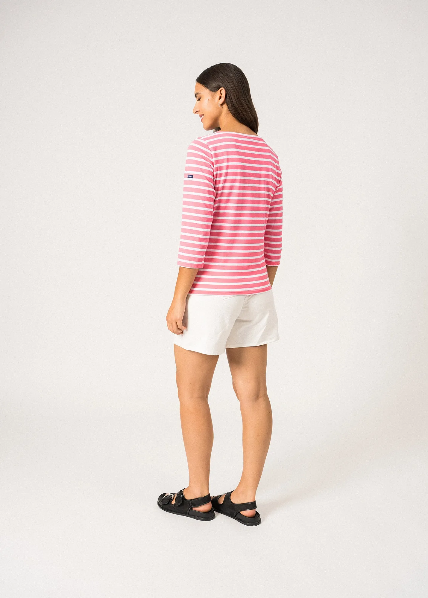 GALATHEE II - Breton Striped Top with ¾ Sleeve | Soft Cotton | Women Fit (HOT PINK / WHITE)