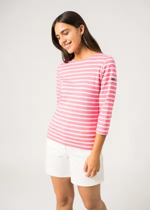 GALATHEE II - Breton Striped Top with ¾ Sleeve | Soft Cotton | Women Fit (HOT PINK / WHITE)