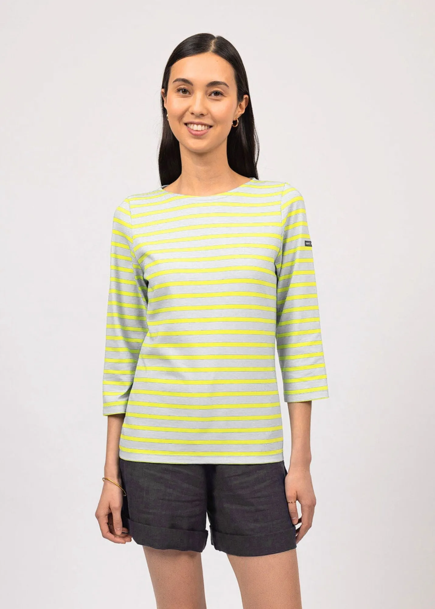GALATHEE II - Breton Striped Top with ¾ Sleeve | Soft Cotton | Women Fit (LIGHT GRAY / YELLOW)