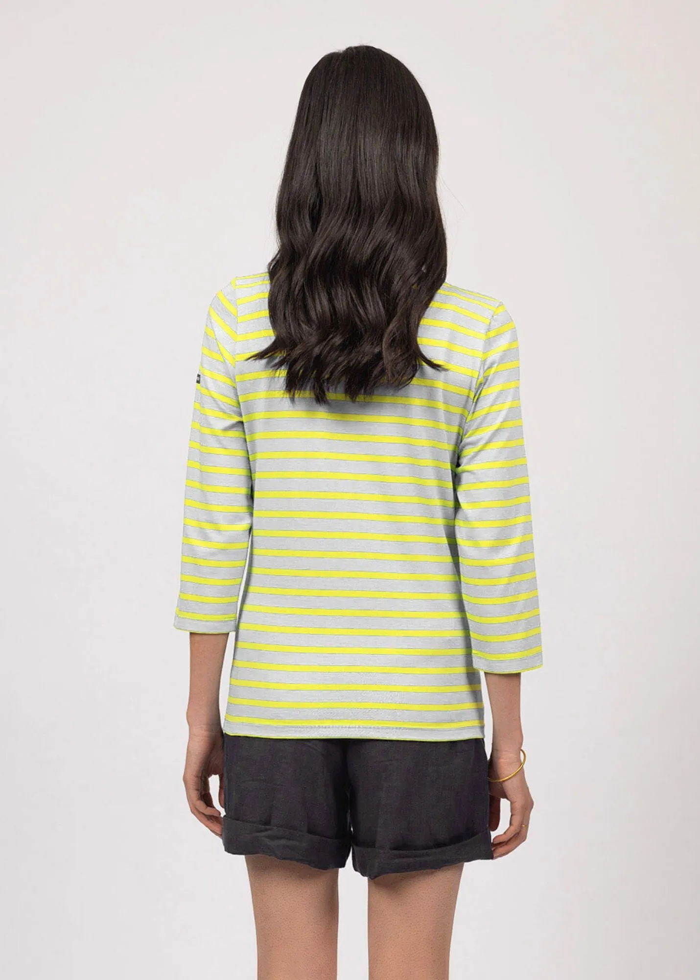 GALATHEE II - Breton Striped Top with ¾ Sleeve | Soft Cotton | Women Fit (LIGHT GRAY / YELLOW)