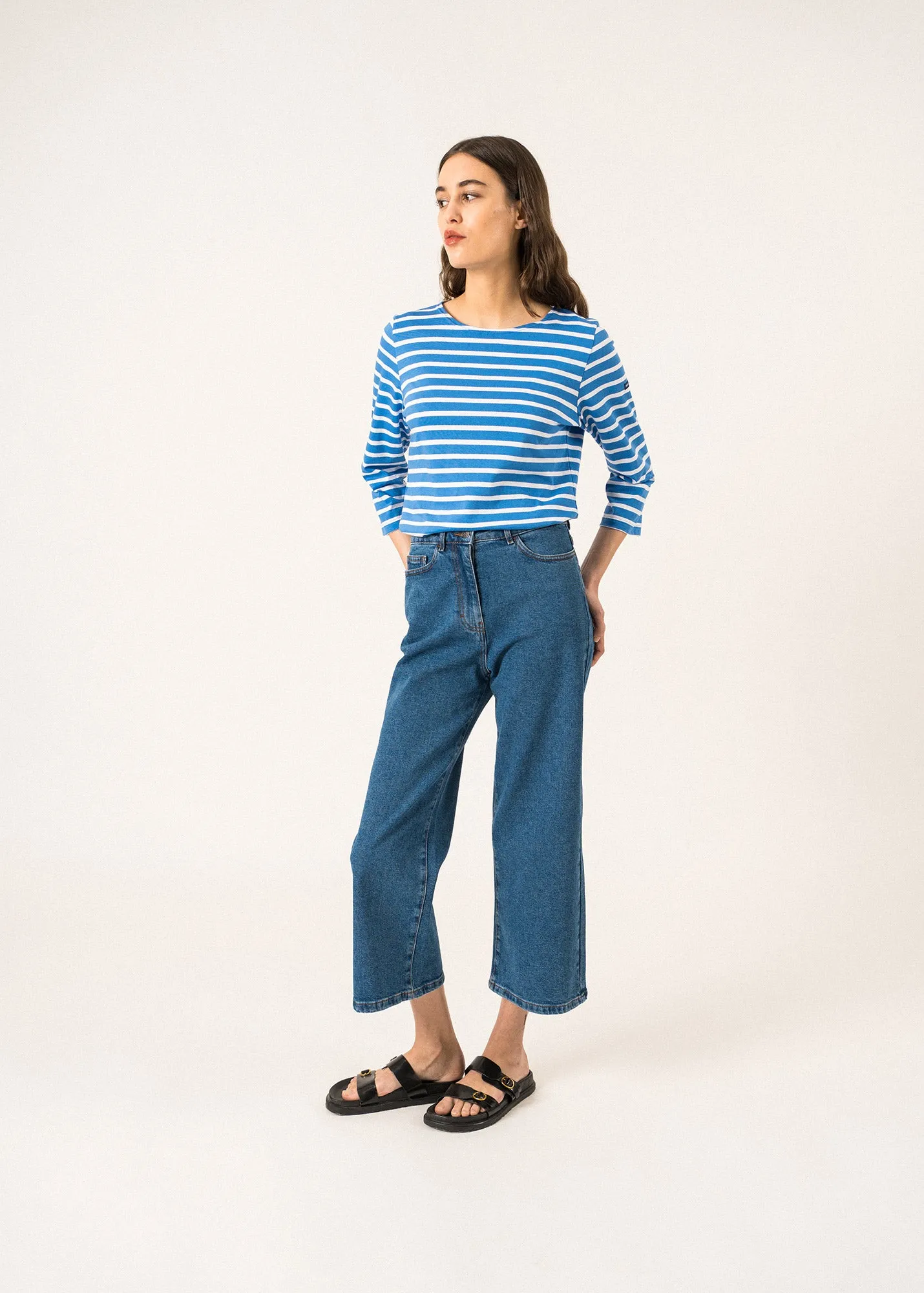 GALATHEE II - Breton Striped Top with ¾ Sleeve | Soft Cotton | Women Fit (MER BLUE / WHITE)