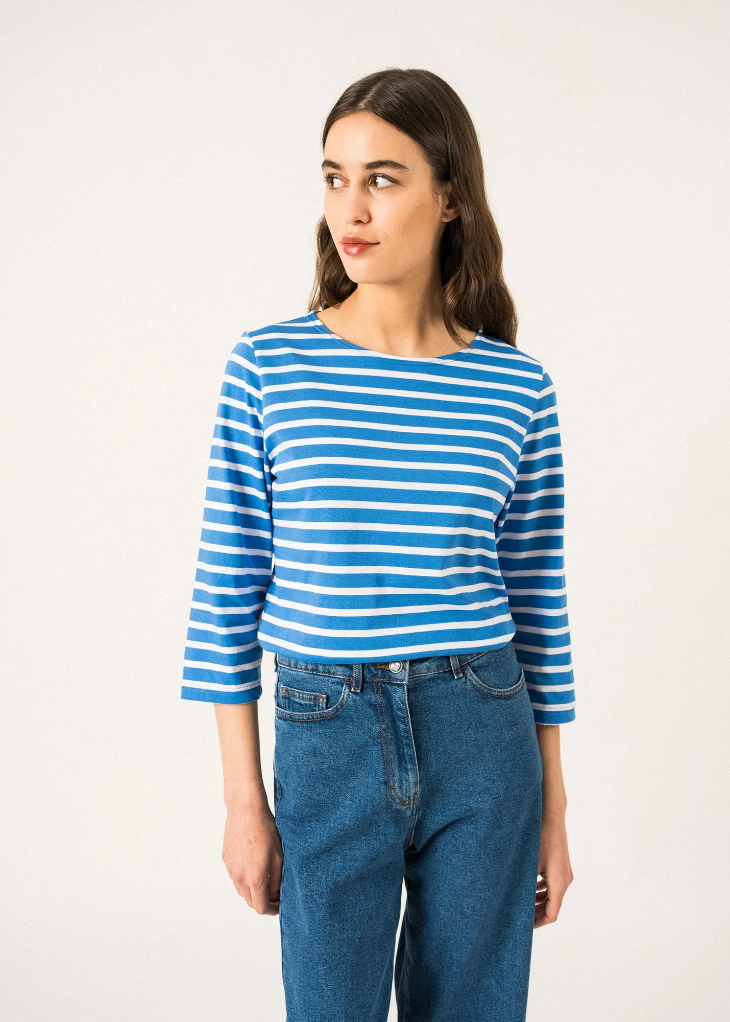 GALATHEE II - Breton Striped Top with ¾ Sleeve | Soft Cotton | Women Fit (MER BLUE / WHITE)