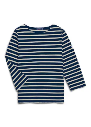 GALATHEE II - Breton Striped Top with ¾ Sleeve | Soft Cotton | Women Fit (NAVY / SOFT ALMOND)