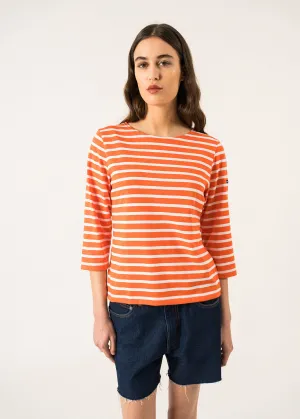 GALATHEE II - Breton Striped Top with ¾ Sleeve | Soft Cotton | Women Fit (ORANGE / WHITE)