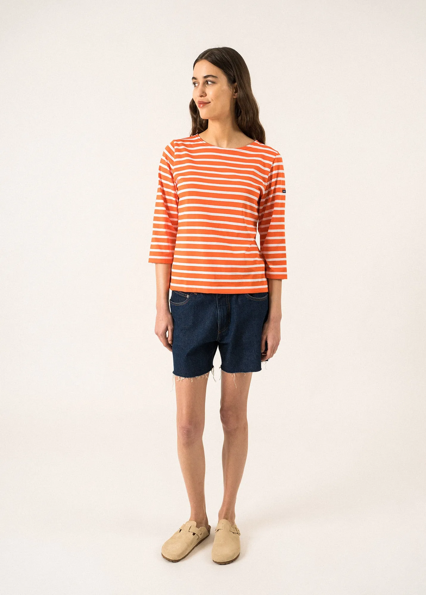GALATHEE II - Breton Striped Top with ¾ Sleeve | Soft Cotton | Women Fit (ORANGE / WHITE)
