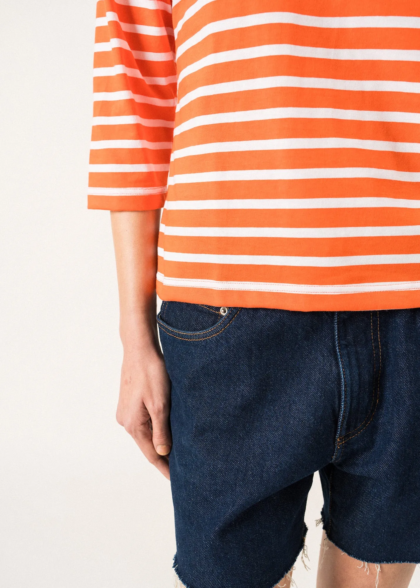 GALATHEE II - Breton Striped Top with ¾ Sleeve | Soft Cotton | Women Fit (ORANGE / WHITE)