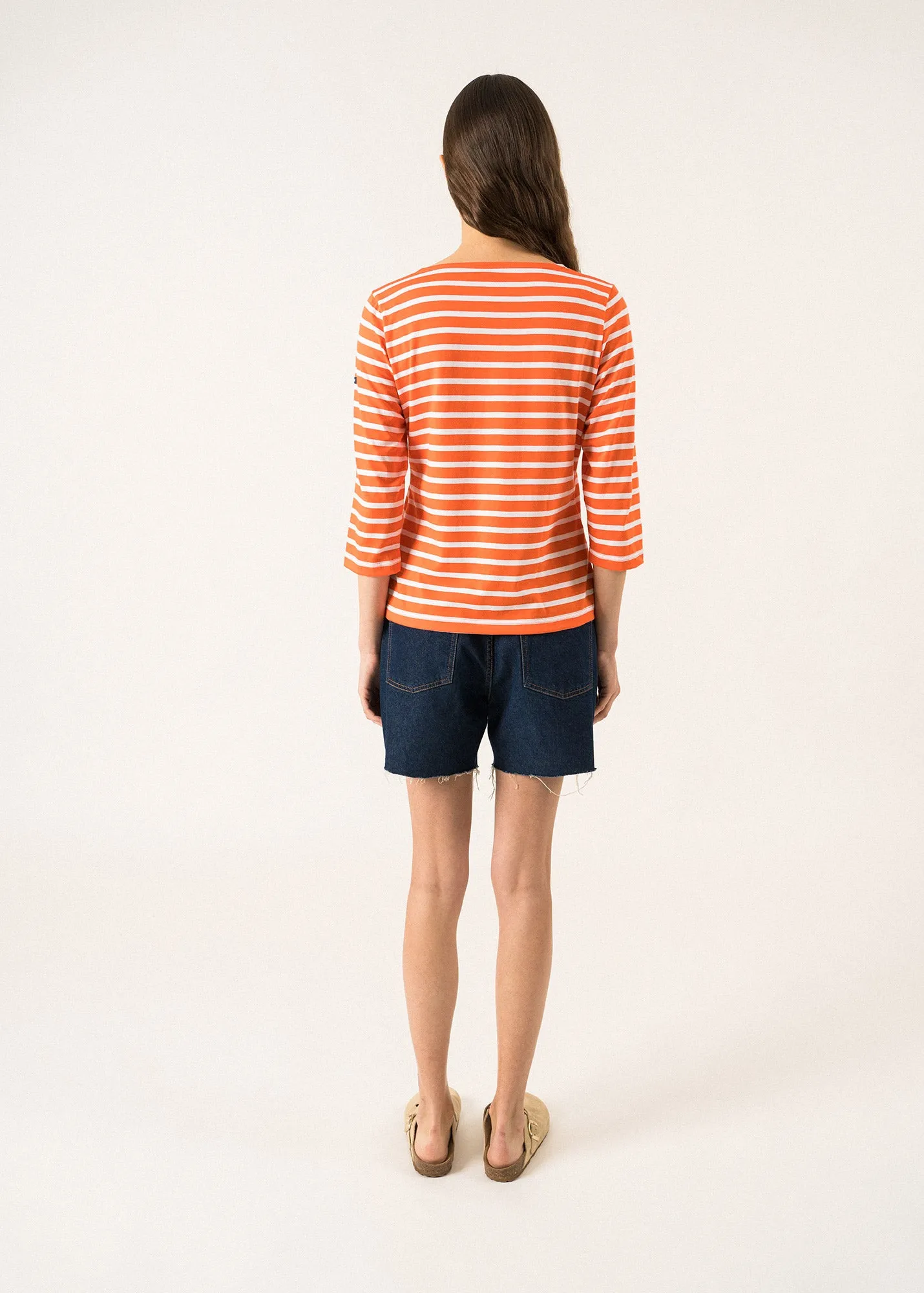 GALATHEE II - Breton Striped Top with ¾ Sleeve | Soft Cotton | Women Fit (ORANGE / WHITE)