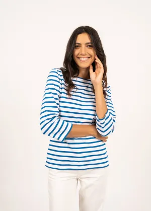 GALATHEE II - Breton Striped Top with ¾ Sleeve | Soft Cotton | Women Fit (WHITE / MER BLUE)