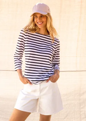 GALATHEE II - Breton Striped Top with ¾ Sleeve | Soft Cotton | Women Fit (WHITE / NAVY)