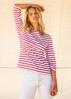 GALATHEE II - Breton Striped Top with ¾ Sleeve | Soft Cotton | Women Fit (WHITE / RED)