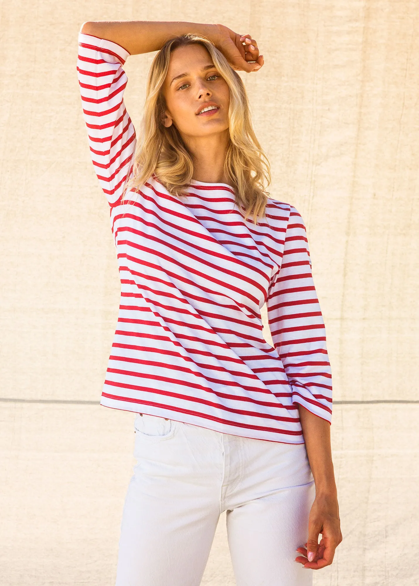 GALATHEE II - Breton Striped Top with ¾ Sleeve | Soft Cotton | Women Fit (WHITE / RED)