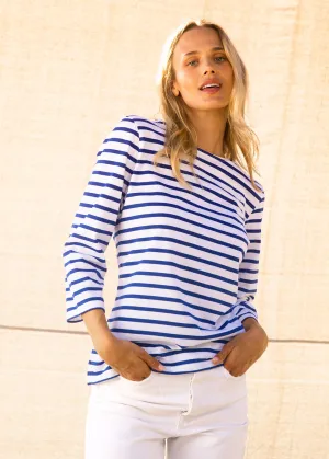 GALATHEE II - Breton Striped Top with ¾ Sleeve | Soft Cotton | Women Fit (WHITE / ROYAL BLUE)