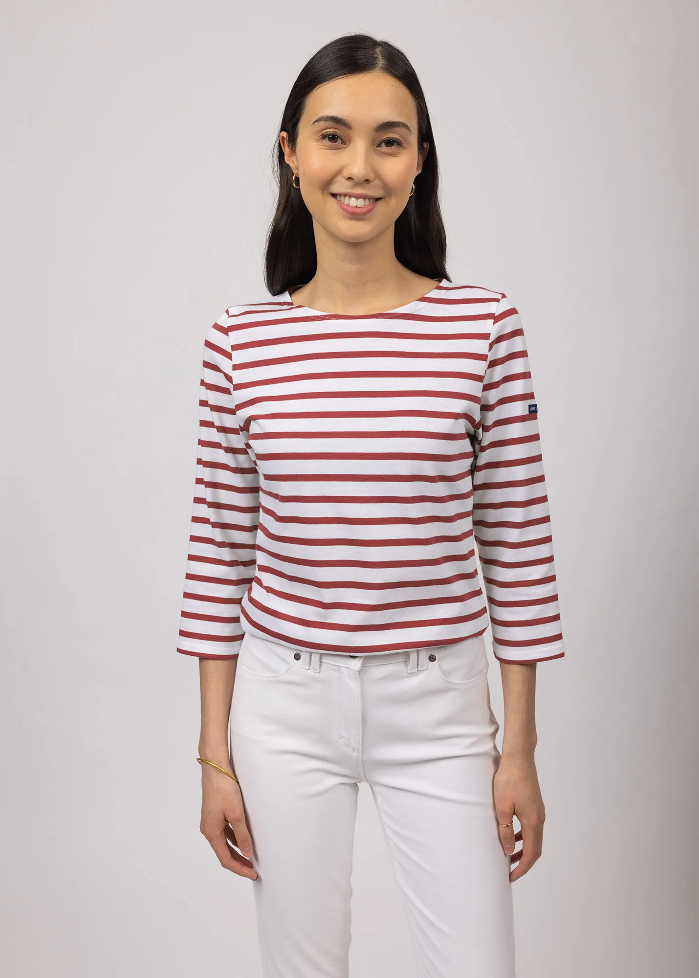 GALATHEE II - Breton Striped Top with ¾ Sleeve | Soft Cotton | Women Fit (WHITE / TERRACOTTA)