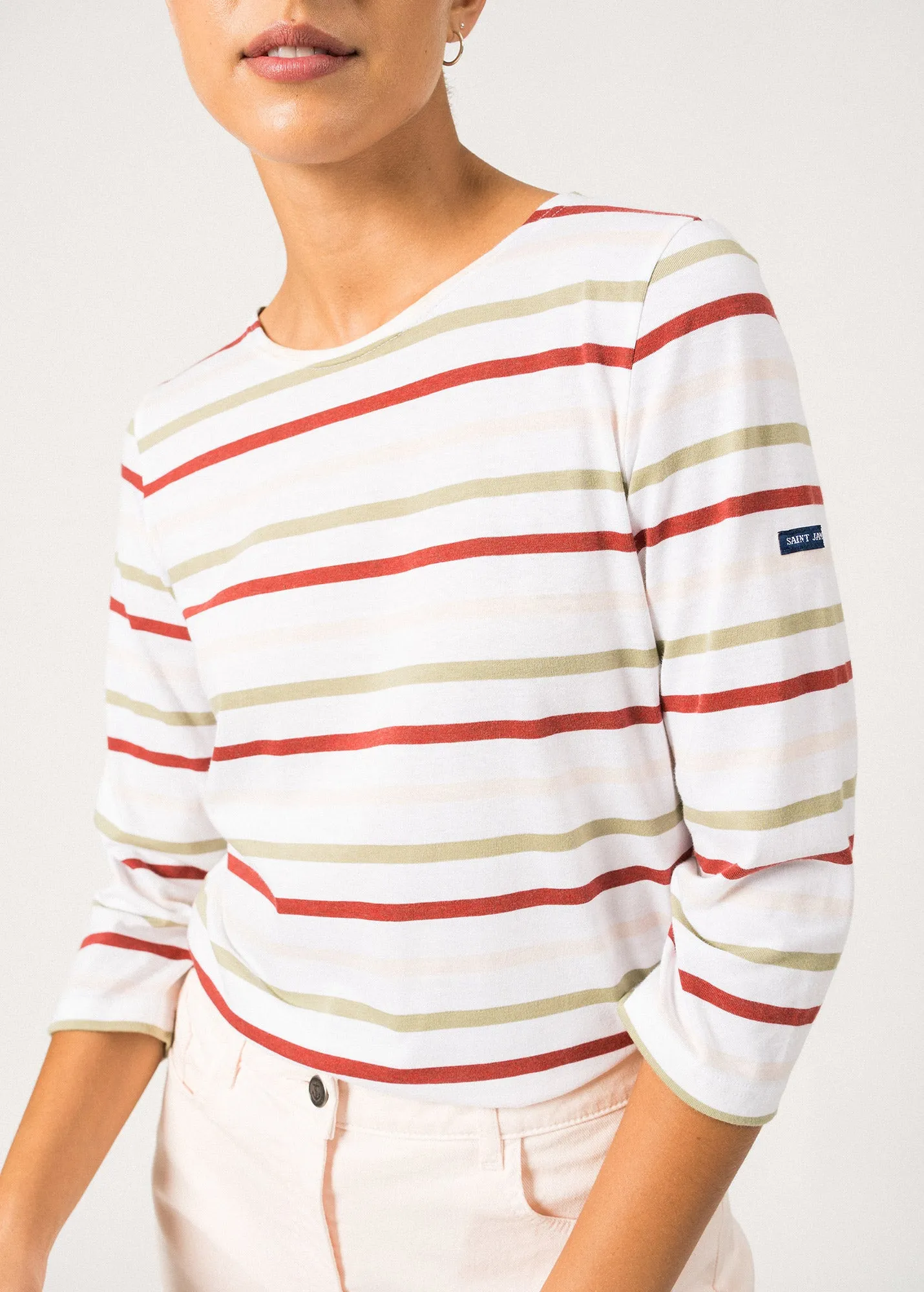 GALATHEE MULTI - Multicolor Breton Striped Top with ¾ Sleeve | Soft Cotton | Women Fit (WHITE / SOFT ALMOND / TERRACOTTA  / PALE PINK)