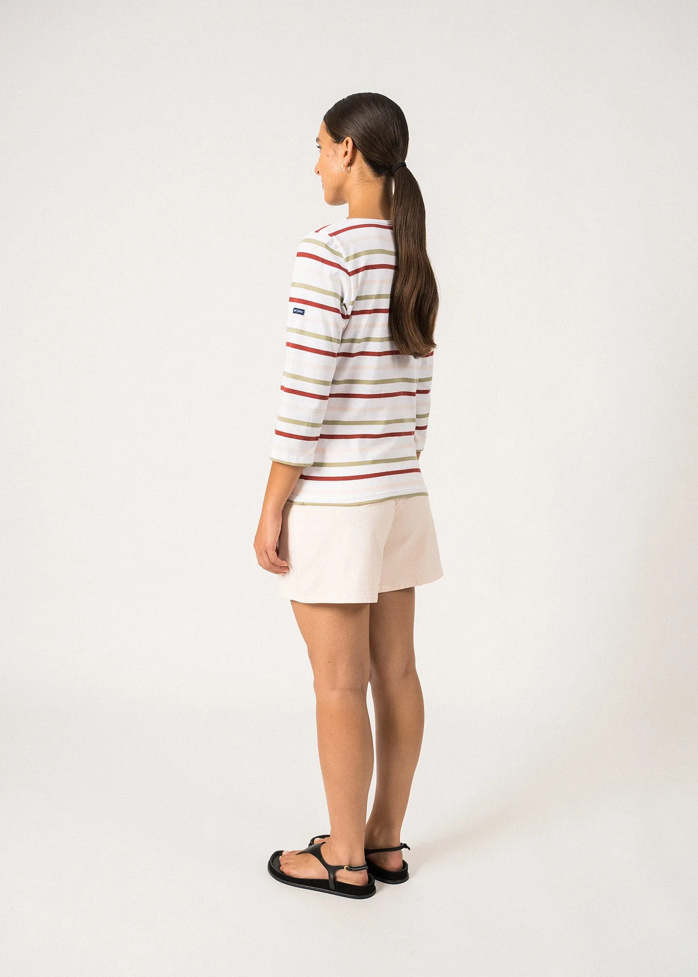 GALATHEE MULTI - Multicolor Breton Striped Top with ¾ Sleeve | Soft Cotton | Women Fit (WHITE / SOFT ALMOND / TERRACOTTA  / PALE PINK)