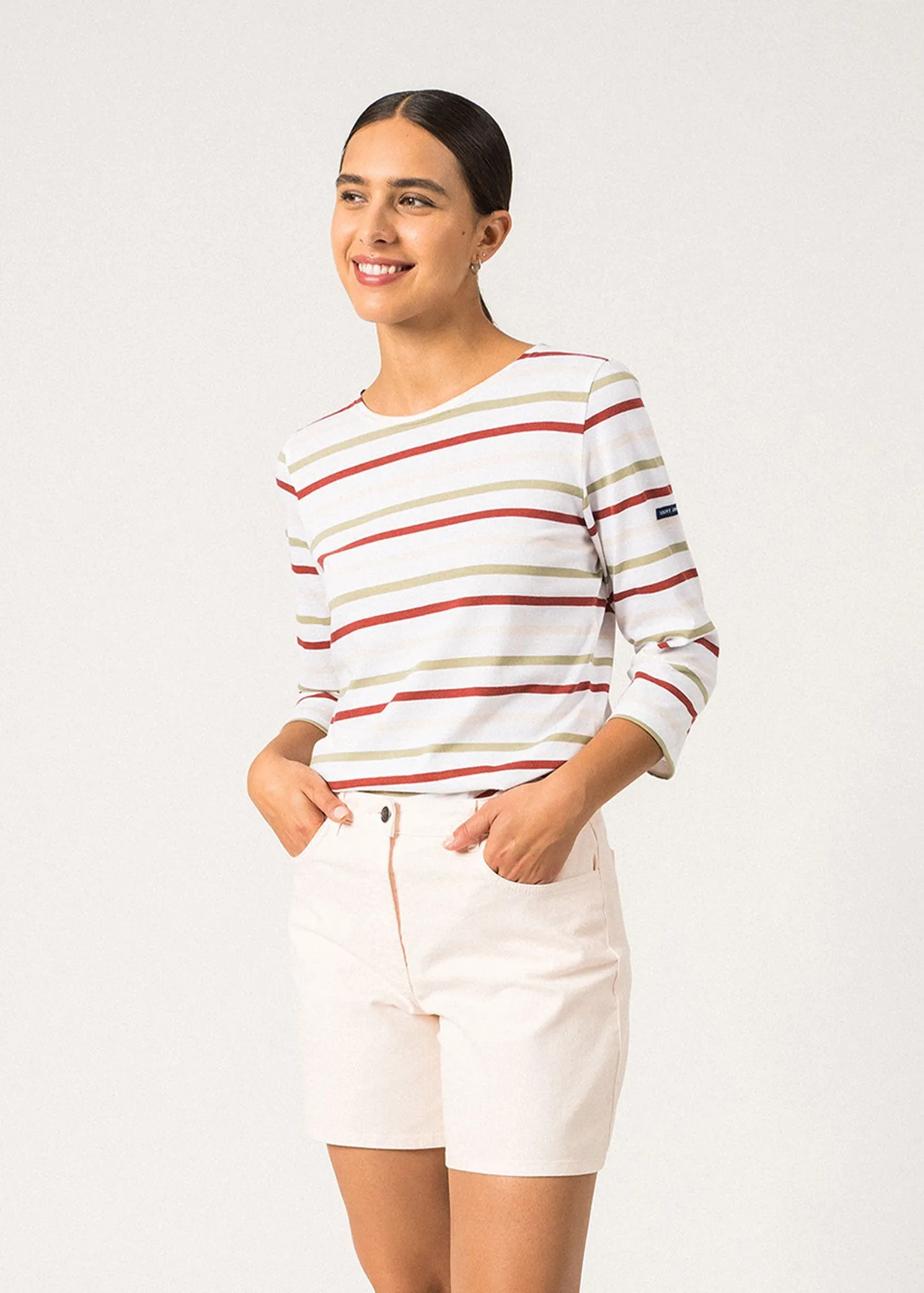 GALATHEE MULTI - Multicolor Breton Striped Top with ¾ Sleeve | Soft Cotton | Women Fit (WHITE / SOFT ALMOND / TERRACOTTA  / PALE PINK)